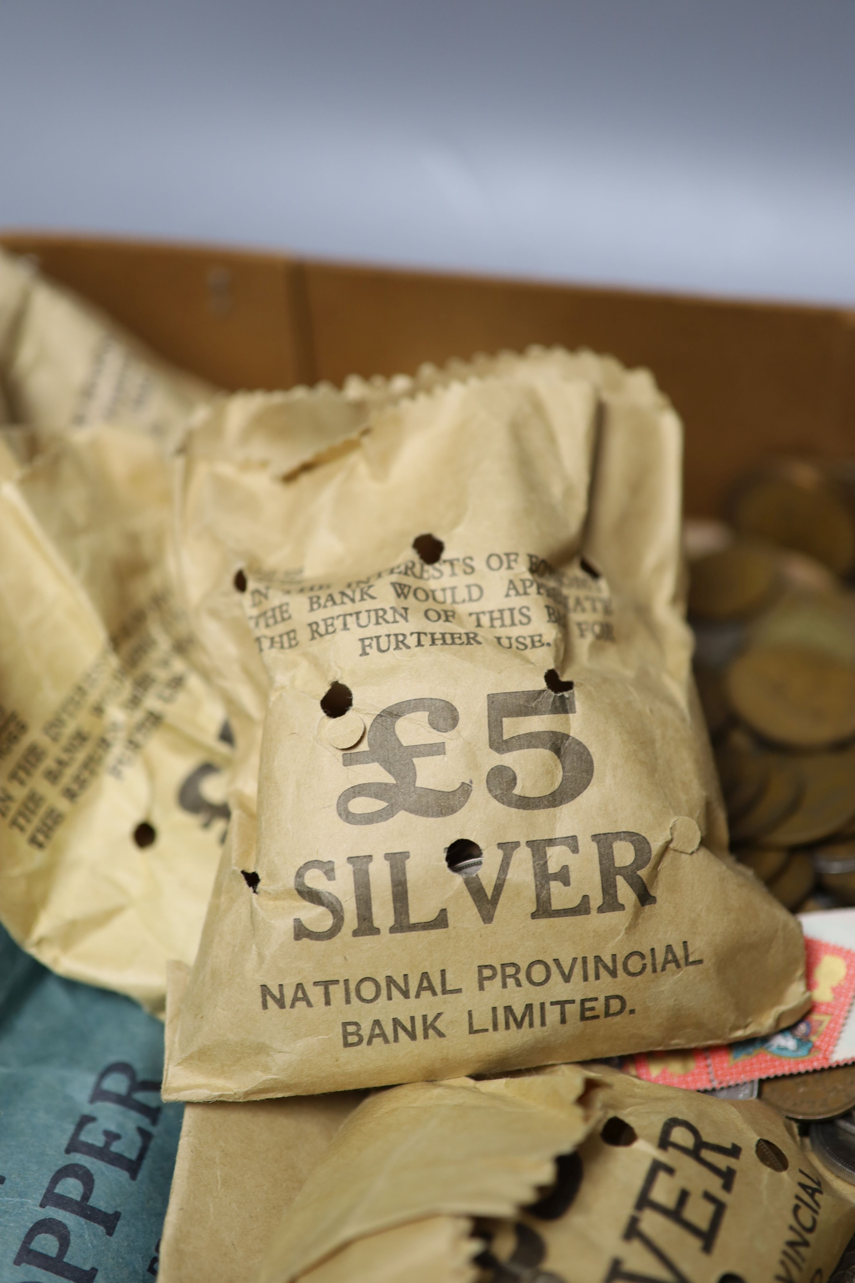 Six Elizabeth II 1972 sterling silver crowns and a quantity of assorted coinage.